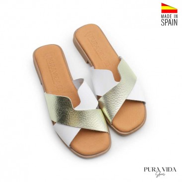 sandalias piel planas mujer blancas y doradas