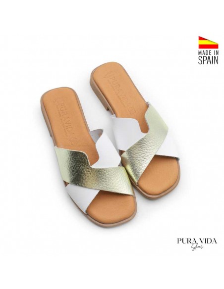 sandalias piel planas mujer blancas y doradas