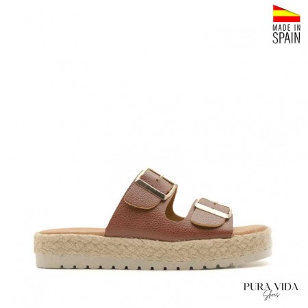 sandalia dos hebillas mujer en cuero marrón