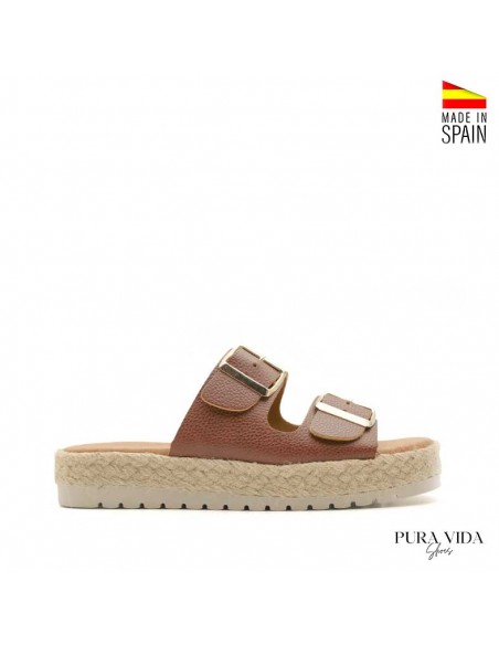 sandalia dos hebillas mujer en cuero marrón