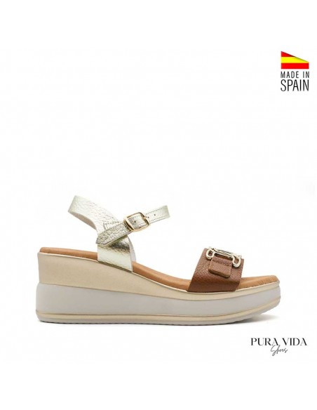 sandalias de cuña elegantes en piel camel