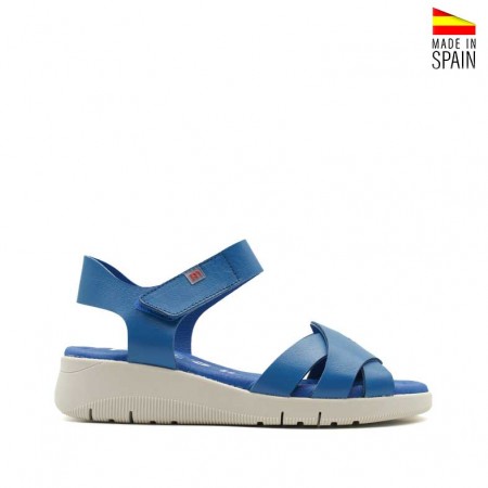 sandalias azules piel de cuña baja