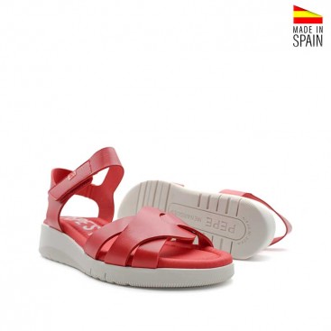sandalias rojas cuña de piel