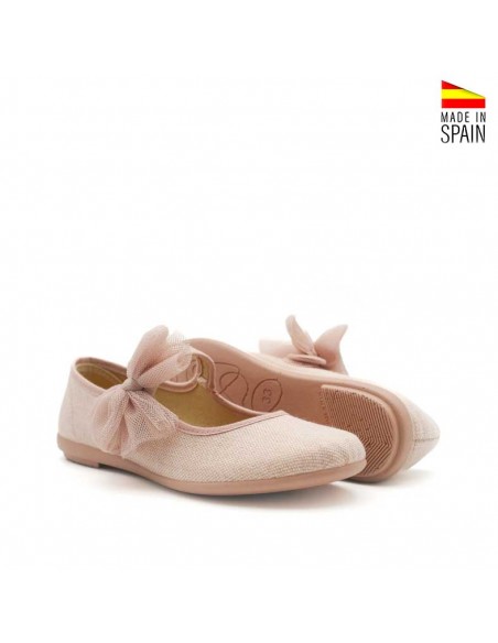 Zapatos de lino rosa para niña tipo merceditas vista frontal