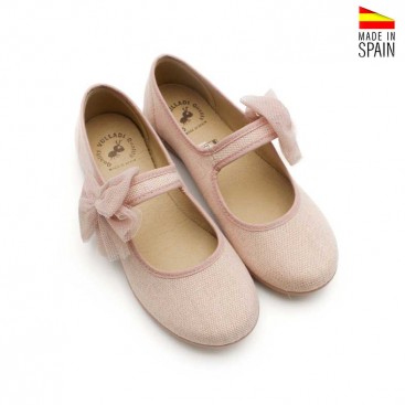 Merceditas de lino rosa para niña con lazo