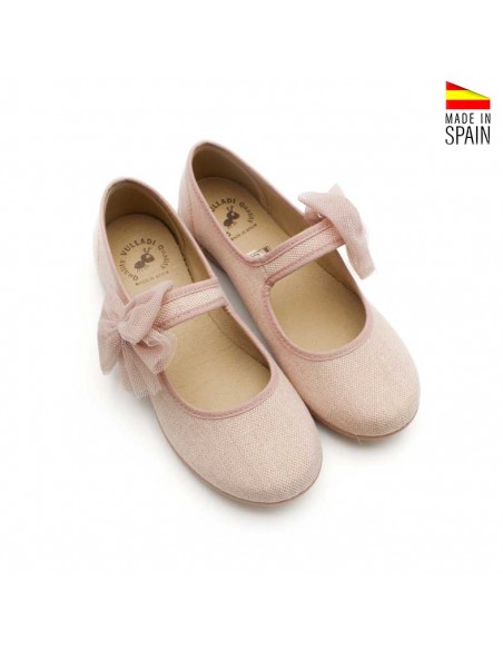 Merceditas de lino rosa para niña con lazo