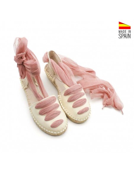 Esparteñas niña comunión con cintas de tul rosa empolvado y cuña de yute