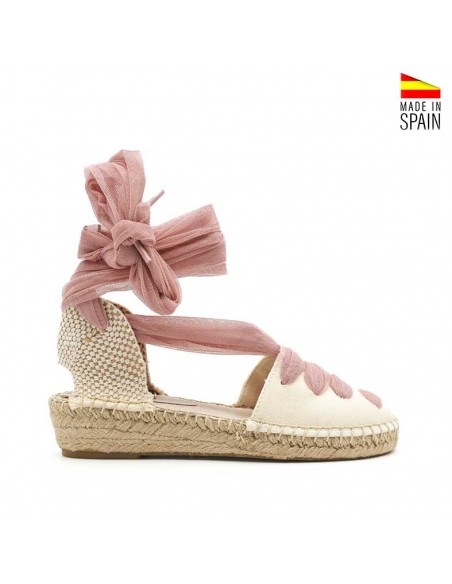 Esparteñas de comunión para niña en lona beige con detalles de tul rosa