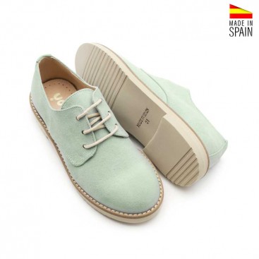 zapato Blucher de comunión para niño en ante verde agua con suela EVA