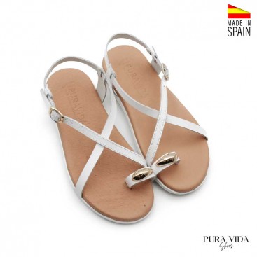 Sandalia plana anillo blanca de piel con detalle dorado y planta cómoda Pura Vida Shoes