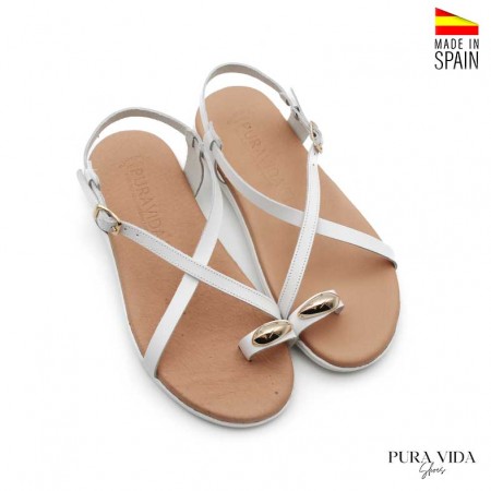 Sandalia plana anillo blanca de piel con detalle dorado y planta cómoda Pura Vida Shoes