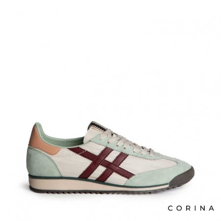 Zapatilla verde agua con detalles burdeos