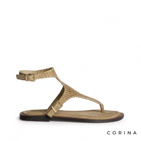 Sandalia camel tipo esclava con pulsera y tachas