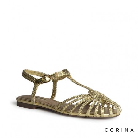 sandalia cangrejera dorada plana con pulsera