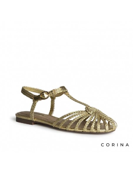 sandalia cangrejera dorada plana con pulsera