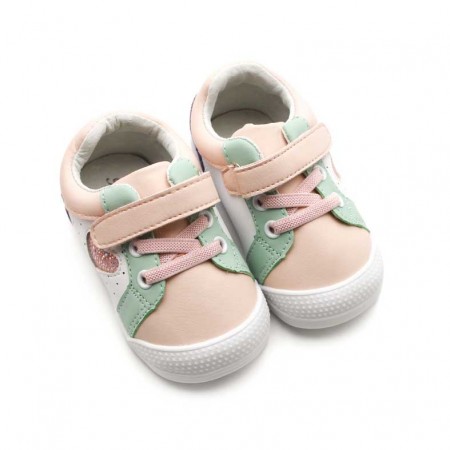 zapatillas bebé piel rosa y verde con velcro