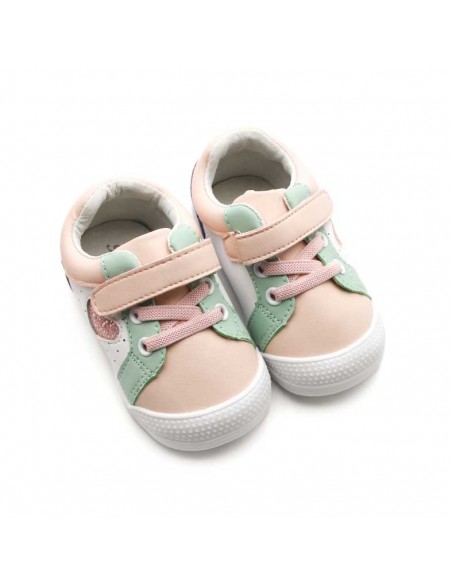 zapatillas bebé piel rosa y verde con velcro