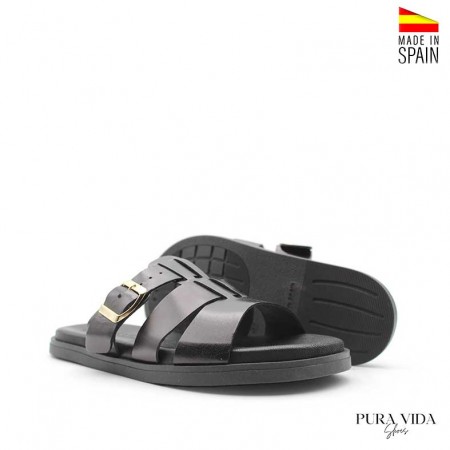 sandalia plana mujer piel negra hebilla lateral