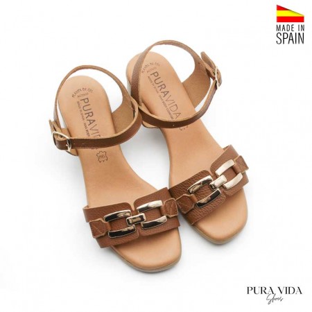 sandalia camel mujer tacon ancho piel