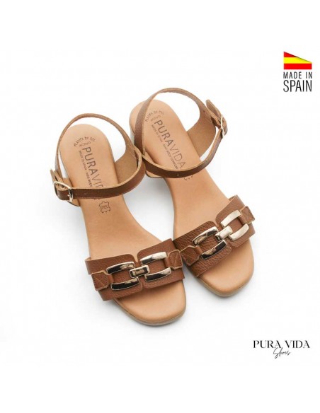 sandalia camel mujer tacon ancho piel