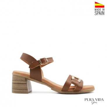 sandalia camel tacon ancho mujer cadena