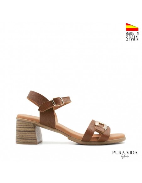 sandalia camel tacon ancho mujer cadena