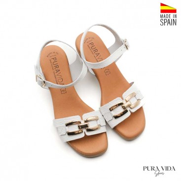 sandalia blanca mujer tacon ancho piel
