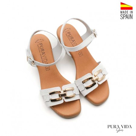 sandalia blanca mujer tacon ancho piel