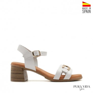 sandalia blanca tacon ancho mujer cadena dorada