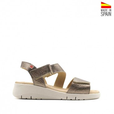 Sandalias mujer metalizada cómodas con doble velcro vista lateral