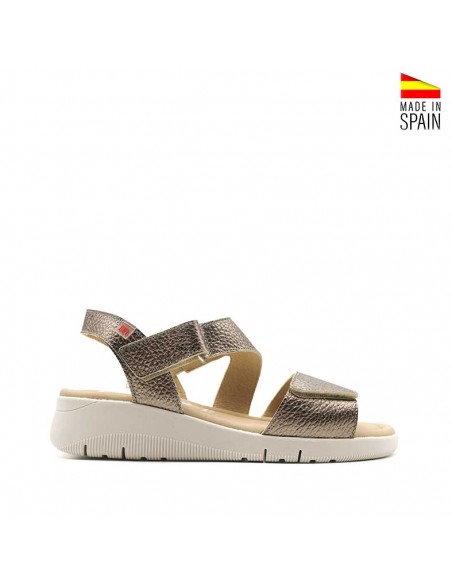 Sandalias mujer metalizada cómodas con doble velcro vista lateral