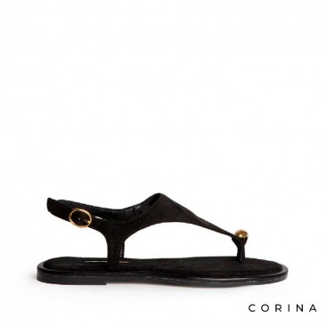 Sandalias planas de dedo mujer antelina negra