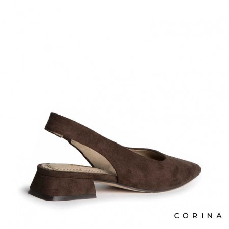 Zapatos salon tacon bajo marrón diseño slingback en antelina