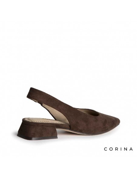 Zapatos salon tacon bajo marrón diseño slingback en antelina
