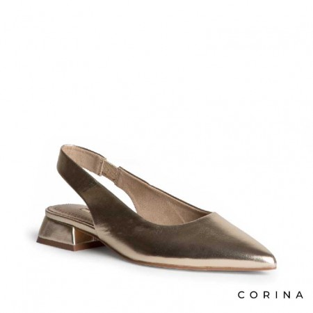 Zapato salon dorado tacon bajo con elástico lateral