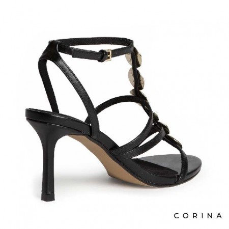 Sandalia tacón alto fino negra con pulsera al tobillo