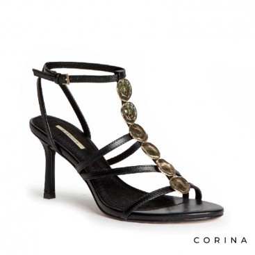 Sandalia de fiesta negra con esferas decorativas en el empeine