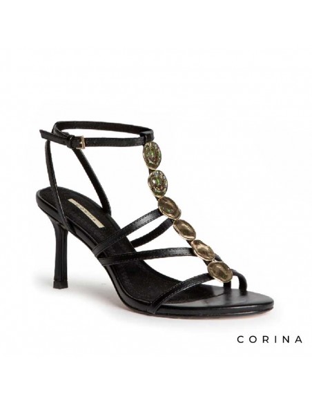 Sandalia de fiesta negra con esferas decorativas en el empeine