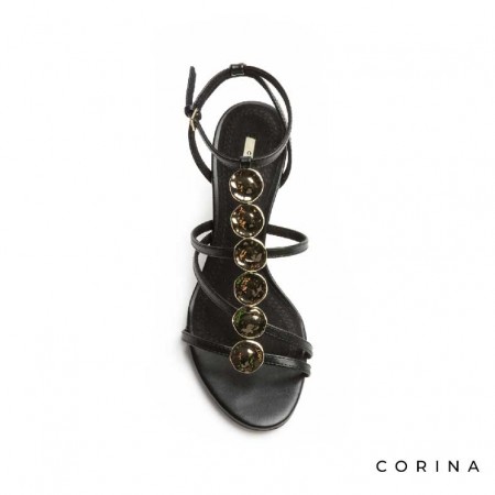 Sandalia negra de tiras con tacón fino elegante