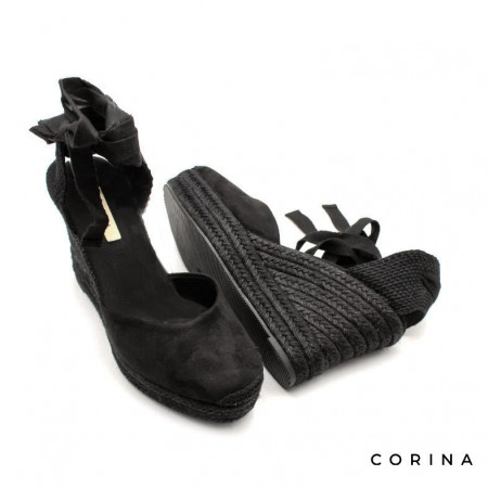 Alpargatas negras plataforma y cuña de esparto mujer con lazo