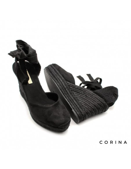 Alpargatas negras plataforma y cuña de esparto mujer con lazo