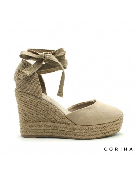 Alpargata cuña plataforma taupe con cintas al tobillo