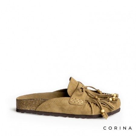 zuecos flecos mujer camel