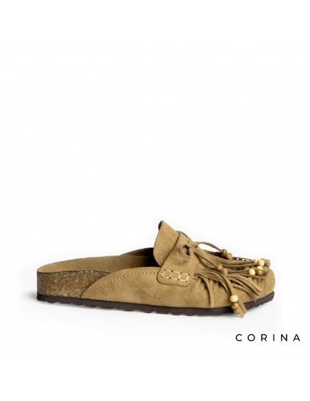 zuecos flecos mujer camel