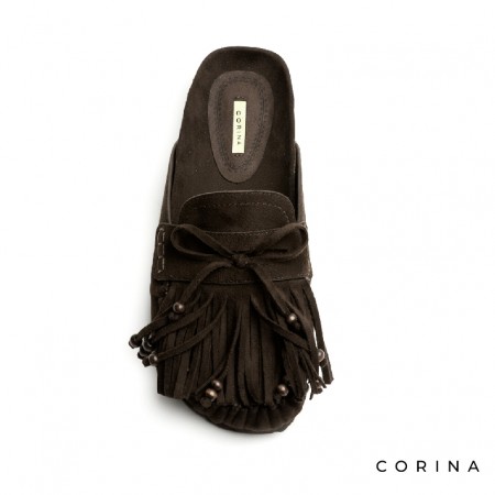 zuecos marrones con flecos mujer