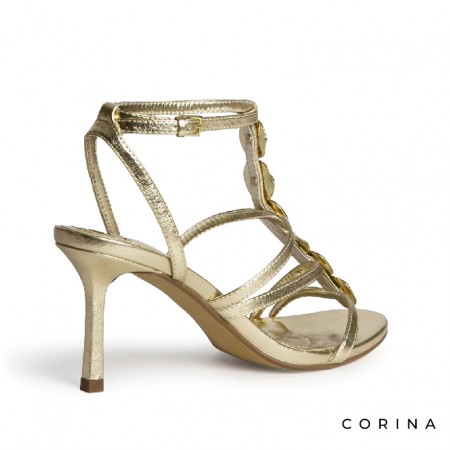 Sandalias elegantes doradas mujer con tiras finas y acabado brillante