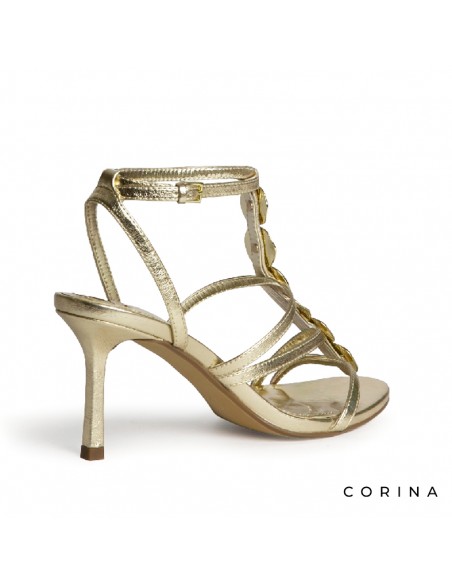 Sandalias elegantes doradas mujer con tiras finas y acabado brillante