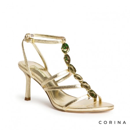 Sandalia dorada metalizada de tacón alto fino 7,3 cm vista lateral