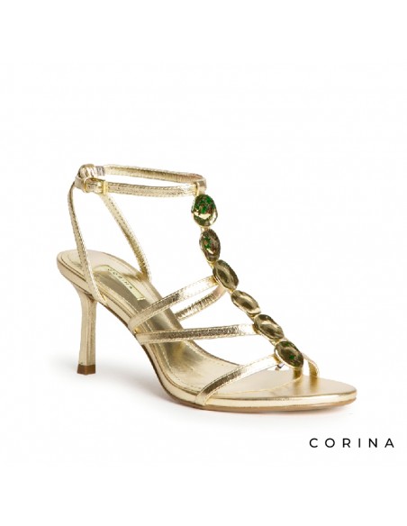 Sandalia dorada metalizada de tacón alto fino 7,3 cm vista lateral