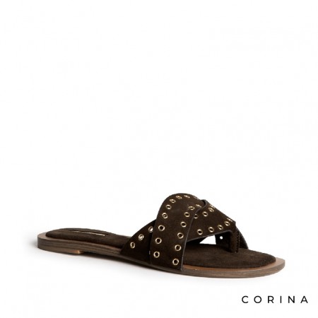 Sandalia plana destalonada marrón con ojales